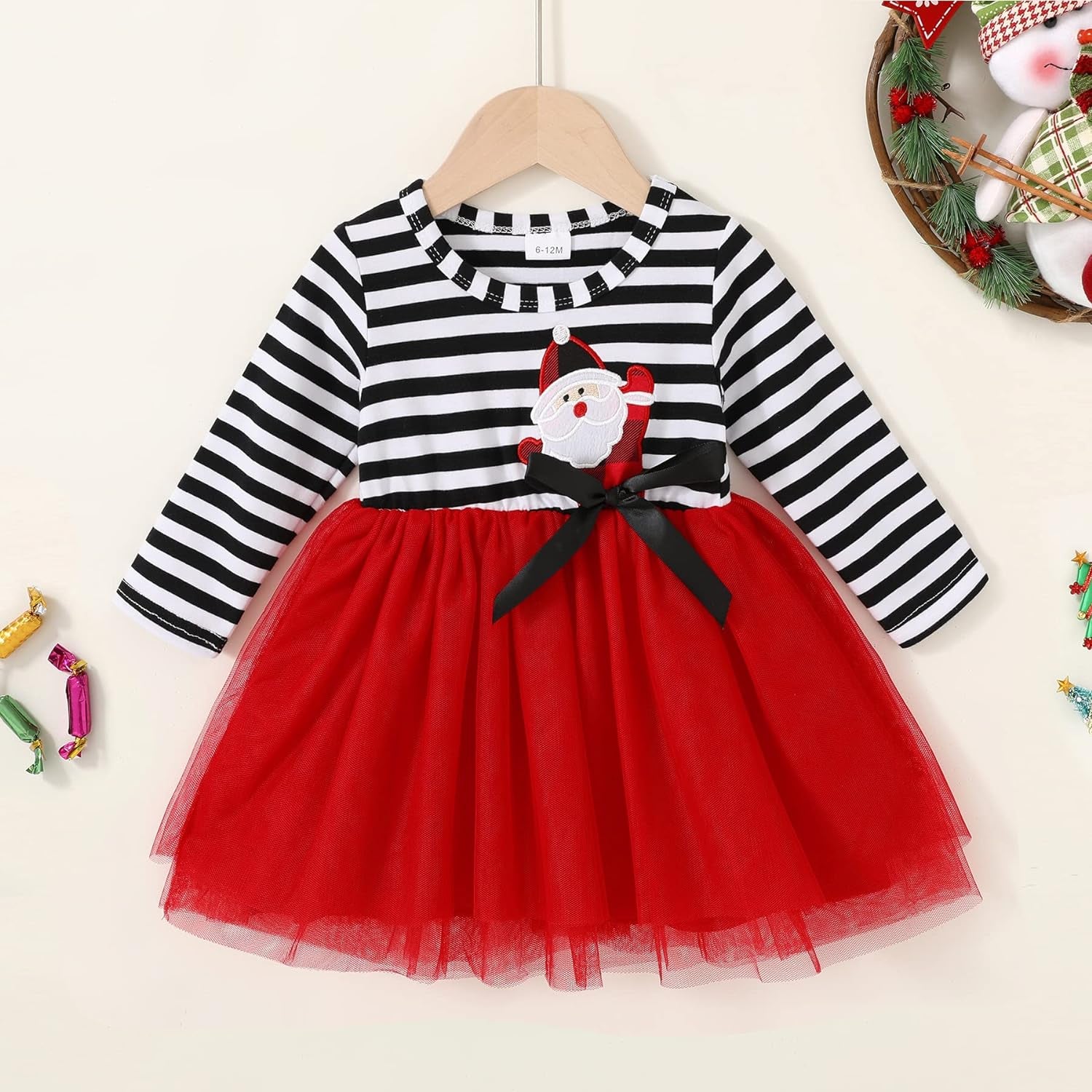 Mini Honey 2PCS Toddler Baby Girl Christmas Dress Cotton Long Sleeve Santa Prints Christmas Princess Tutu Dress+Headband