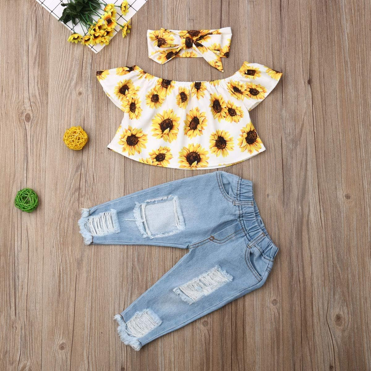 3Pcs/Set Toddler Baby Girls off Shoulder Ruffle Top Blouse + Ripped Hole Jean Denim Pants + Headband Outfit Clothing Set