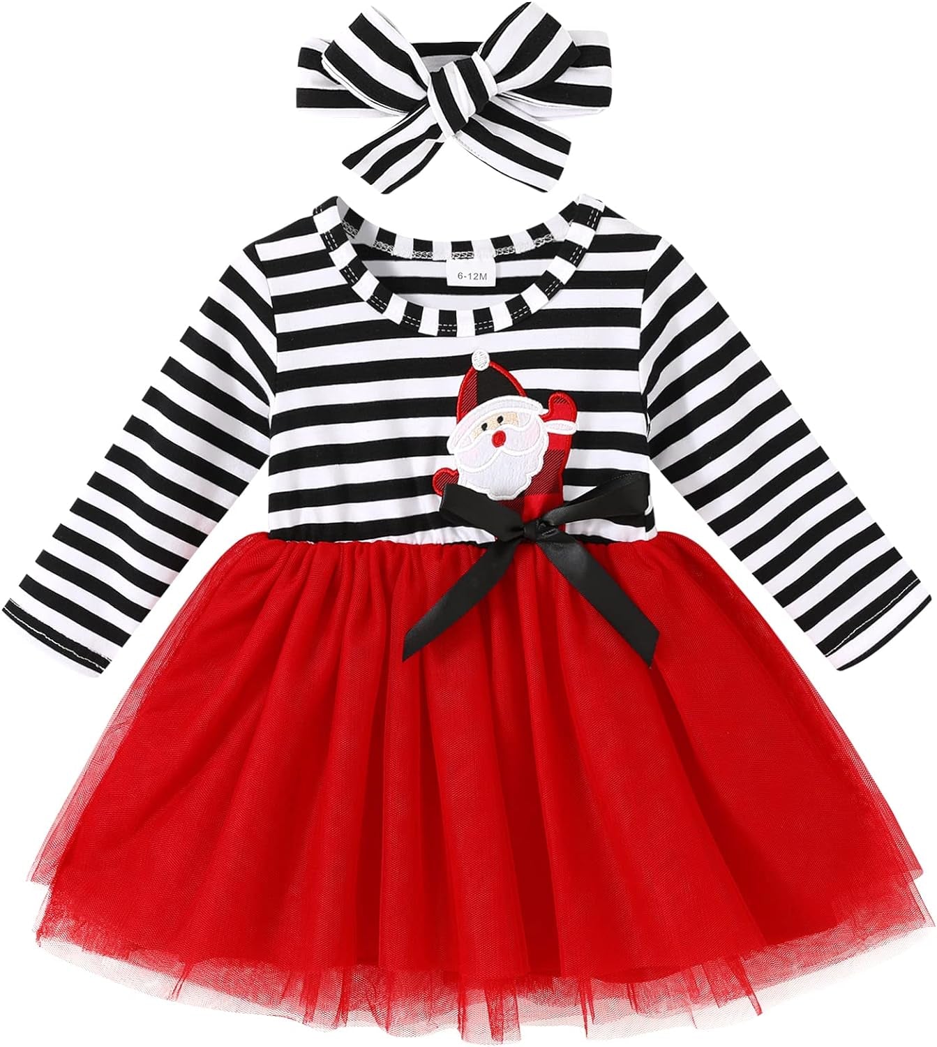 Mini Honey 2PCS Toddler Baby Girl Christmas Dress Cotton Long Sleeve Santa Prints Christmas Princess Tutu Dress+Headband