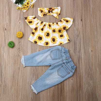 3Pcs/Set Toddler Baby Girls off Shoulder Ruffle Top Blouse + Ripped Hole Jean Denim Pants + Headband Outfit Clothing Set