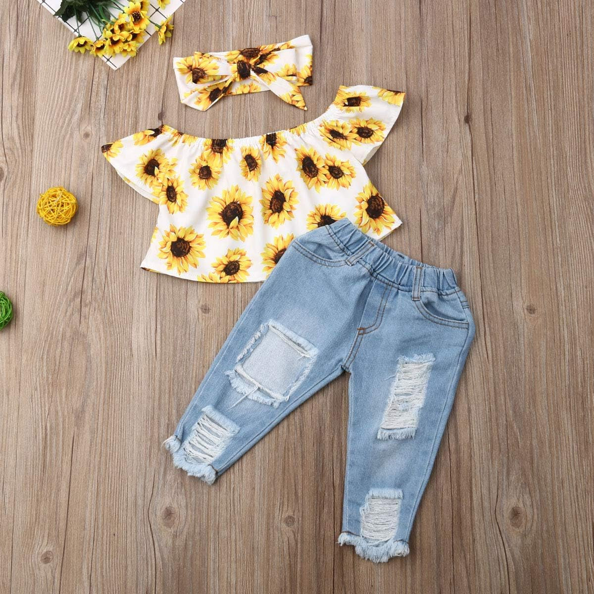 3Pcs/Set Toddler Baby Girls off Shoulder Ruffle Top Blouse + Ripped Hole Jean Denim Pants + Headband Outfit Clothing Set