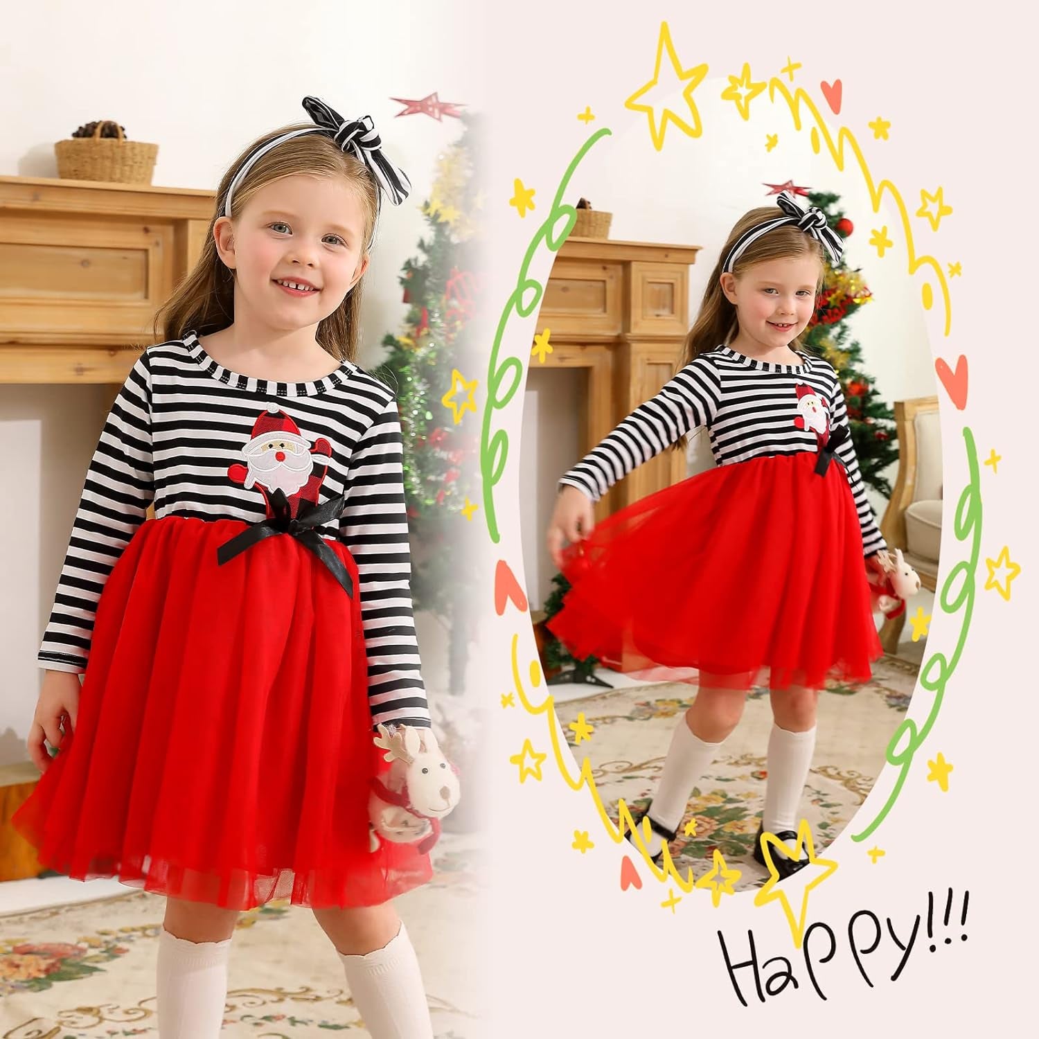 Mini Honey 2PCS Toddler Baby Girl Christmas Dress Cotton Long Sleeve Santa Prints Christmas Princess Tutu Dress+Headband