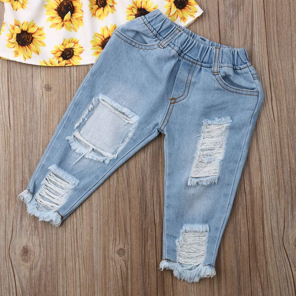 3Pcs/Set Toddler Baby Girls off Shoulder Ruffle Top Blouse + Ripped Hole Jean Denim Pants + Headband Outfit Clothing Set